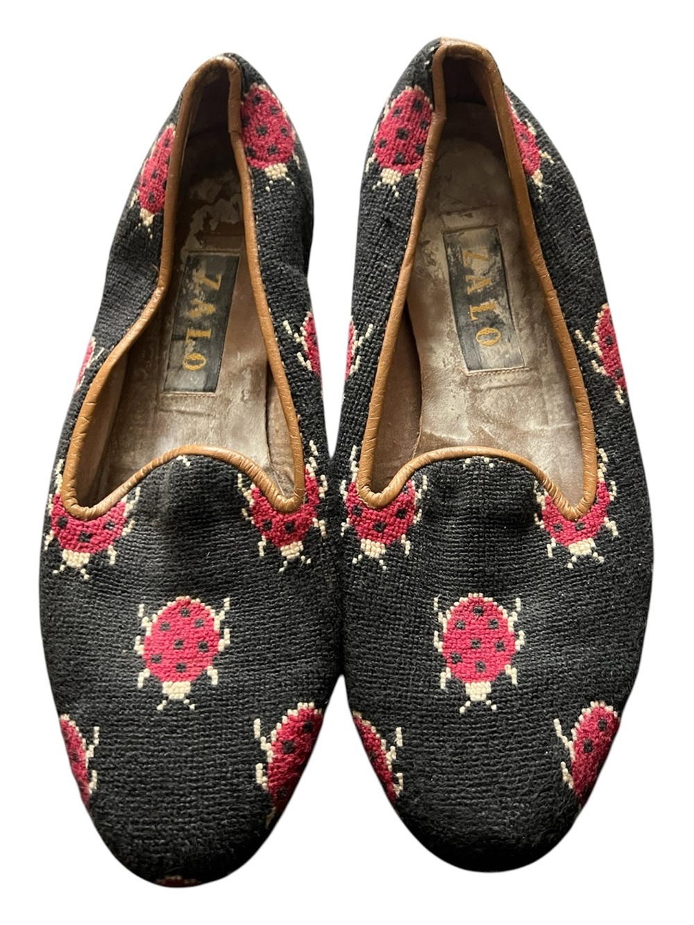 Zalo Black Knit Slip-On Flats with Pink Ladybug Motif, size 8.5